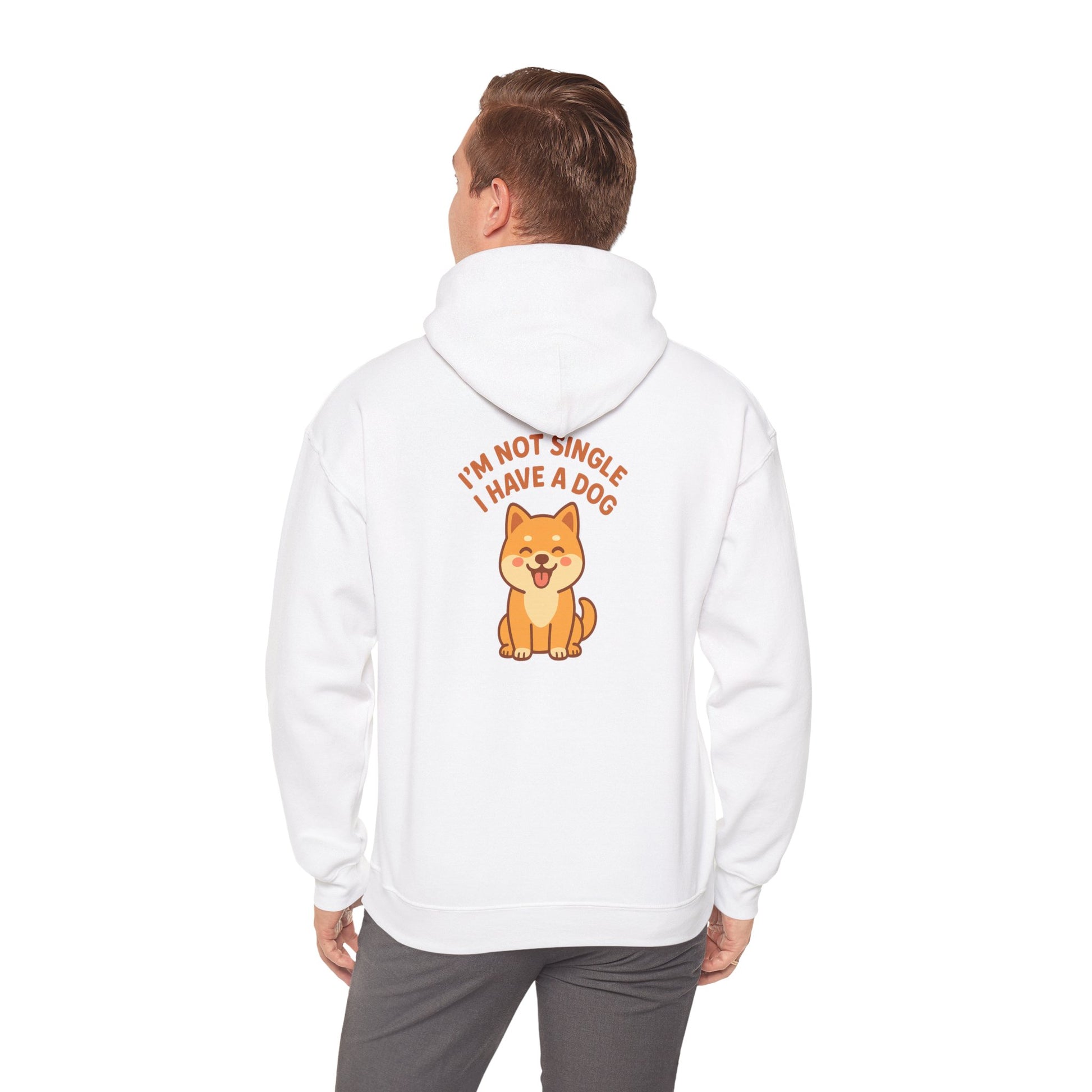 Person wearing a white hoodie with a dog graphic and text on the back, on a white background