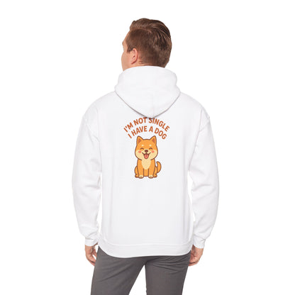 Person wearing a white hoodie with a dog graphic and text on the back, on a white background