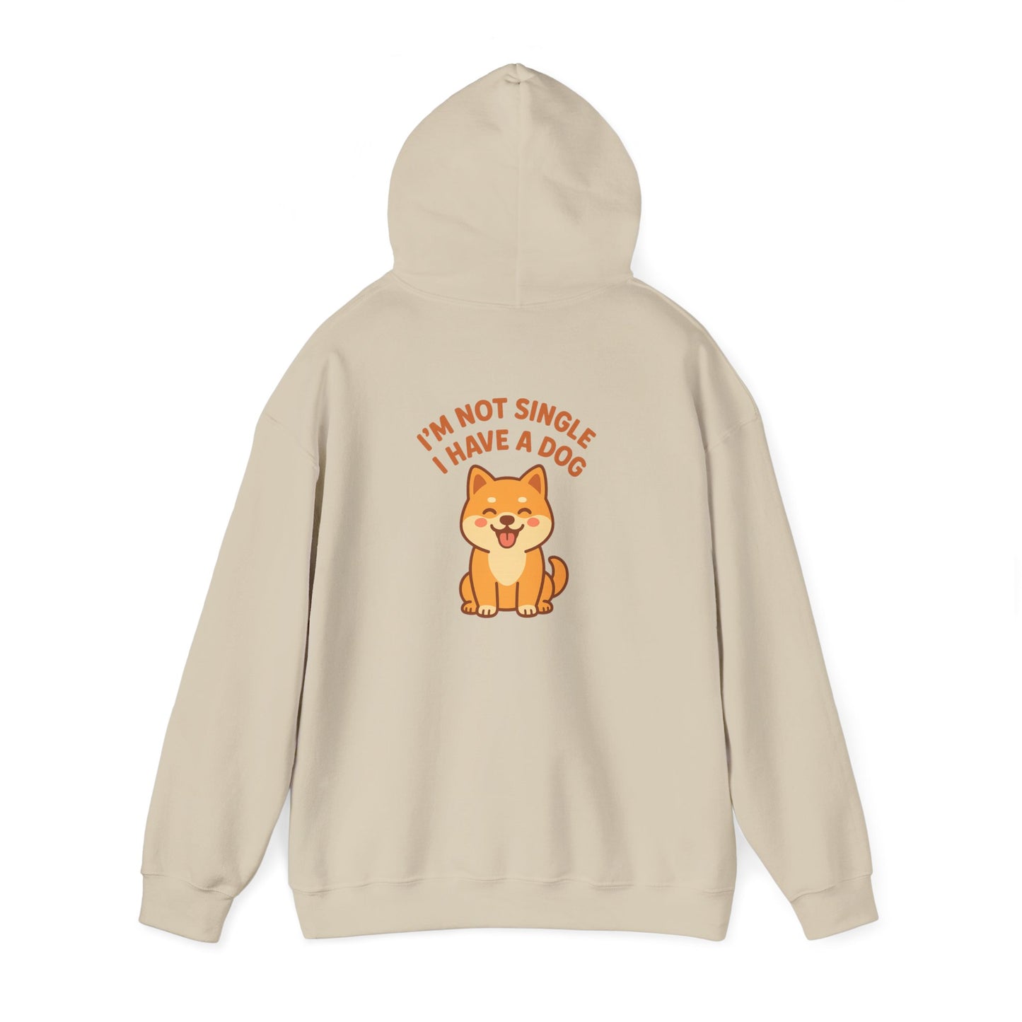 Beige hoodie with a dog graphic and text on the back against a white background