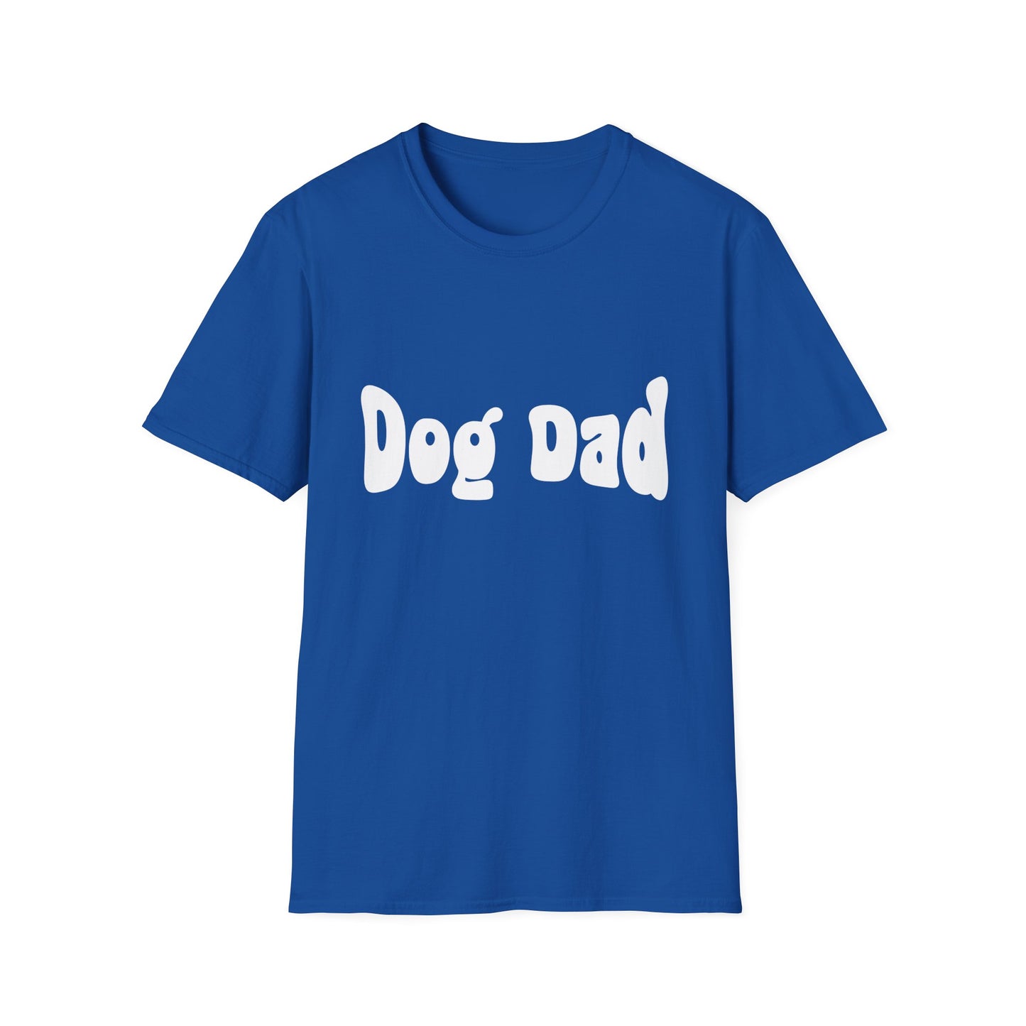 Blue t-shirt with 'Dog Dad' text on a white background