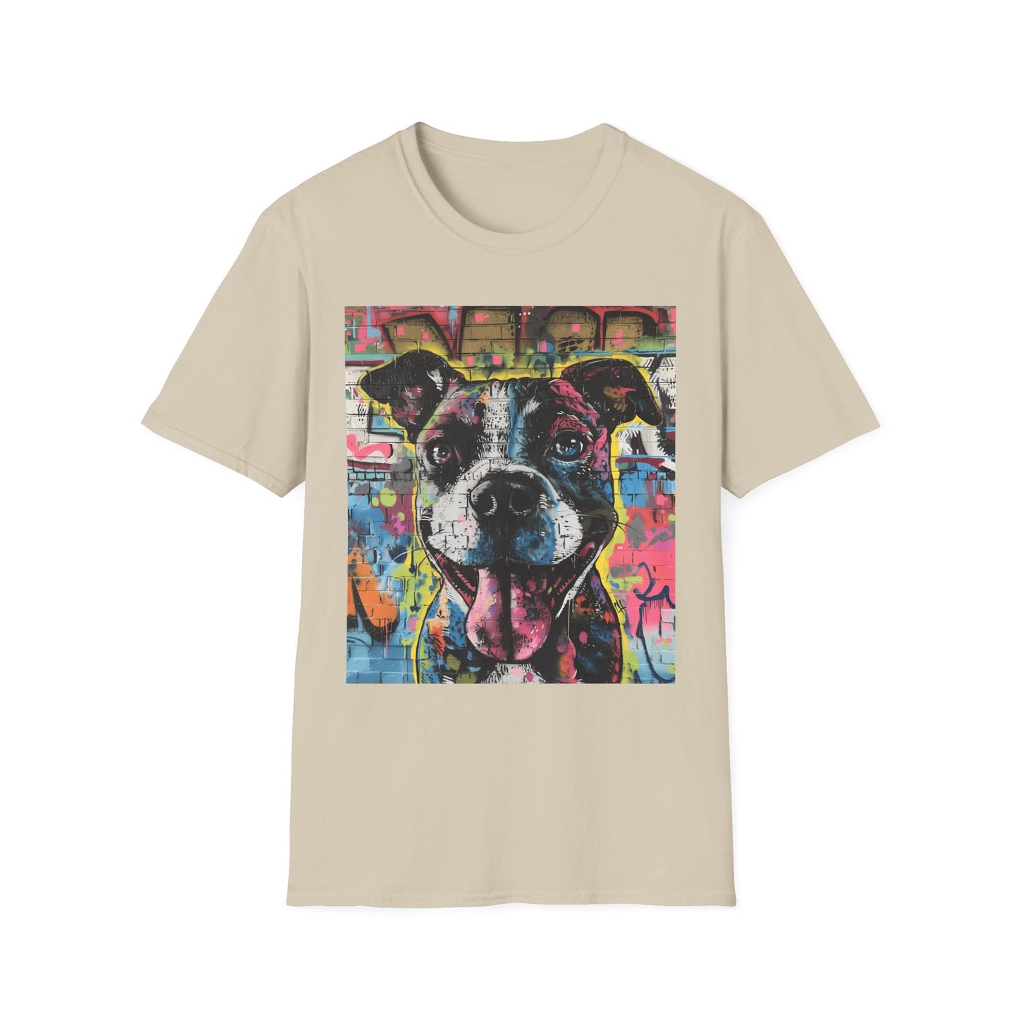 Beige t-shirt with a colorful dog graphic on a white background