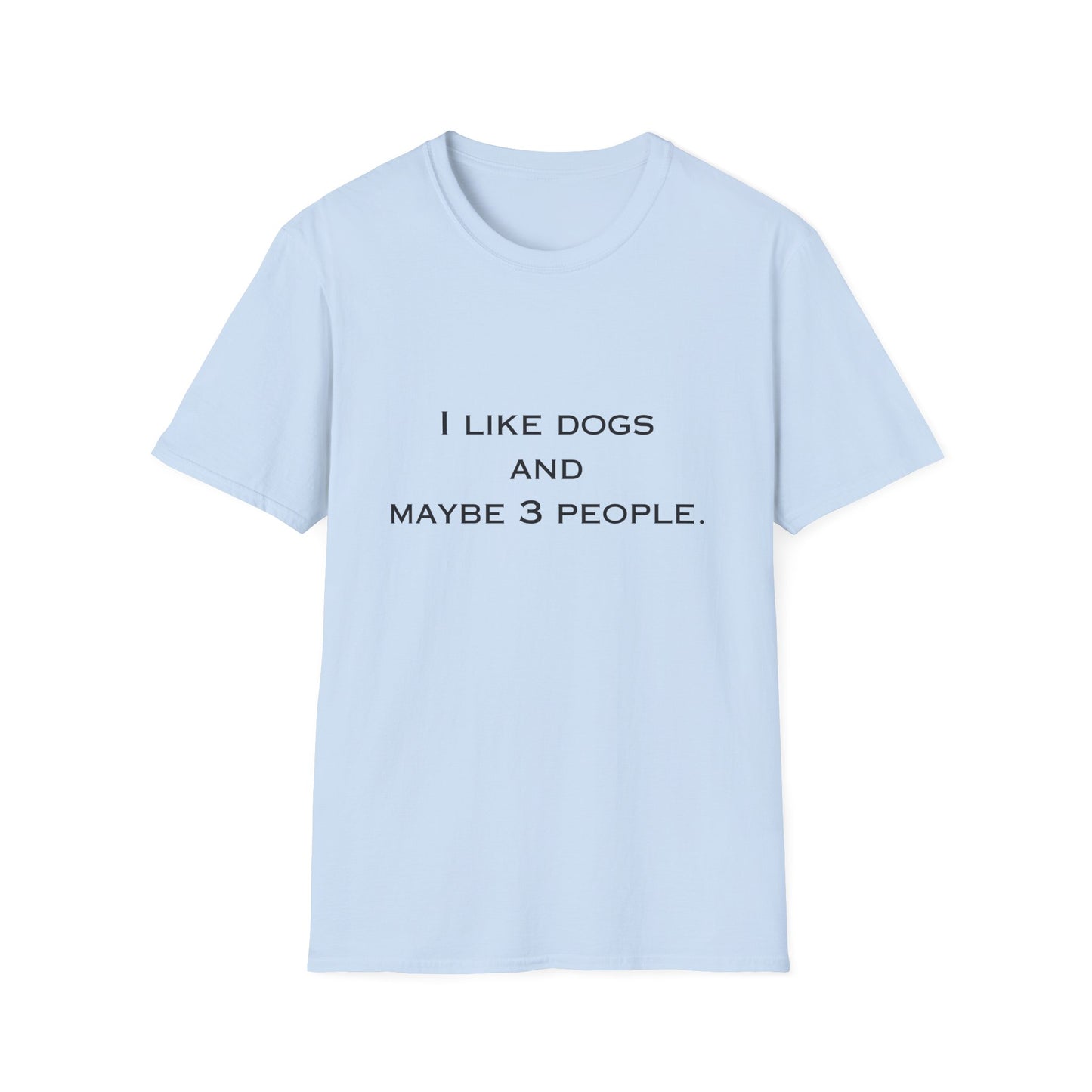 Light blue t-shirt with text 'I like dogs and maybe 3 people' on a white background