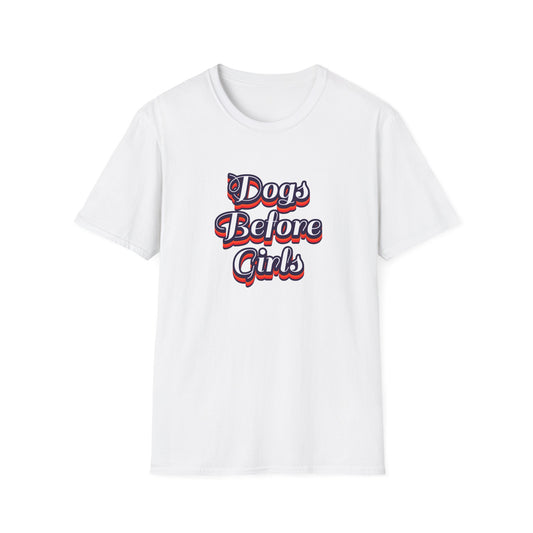 White t-shirt with 'Dogs Before Girls' text on a white background