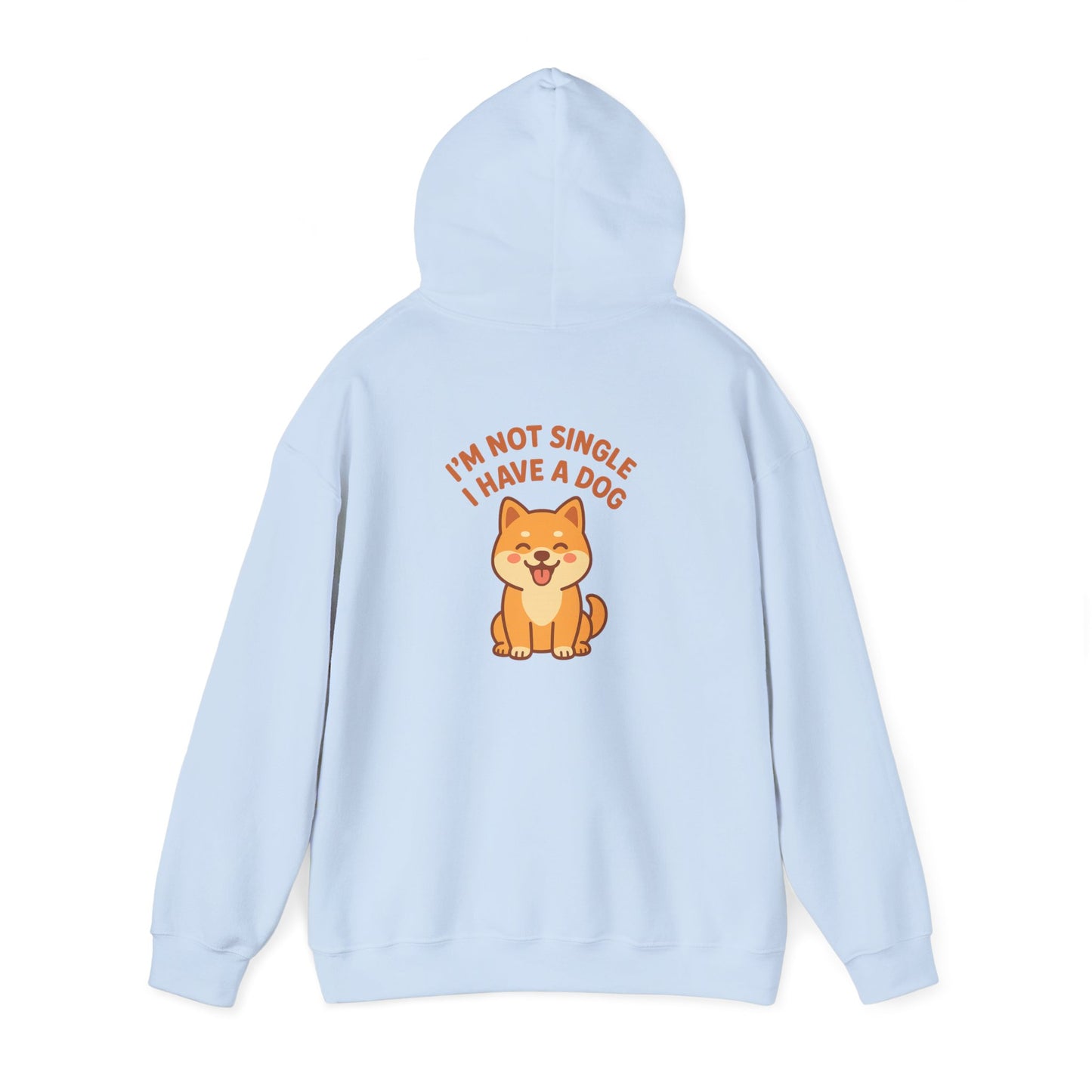 Light blue hoodie with a dog graphic and text on the back against a white background