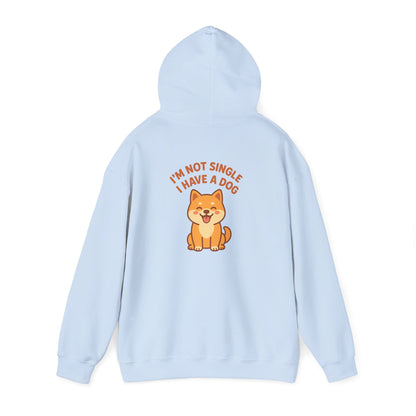 Light blue hoodie with a dog graphic and text on the back against a white background