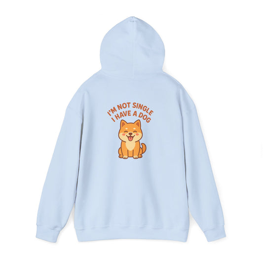 Light blue hoodie with a dog graphic and text on the back against a white background
