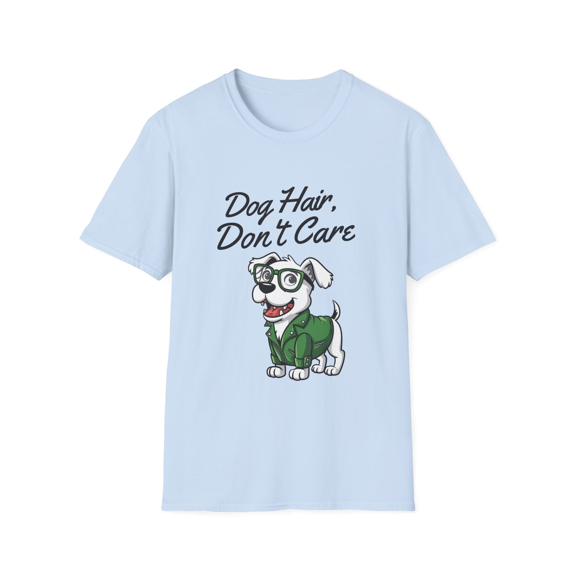 Light blue t-shirt with a cartoon dog and 'Dog Hair, Don't Care' text on a white background
