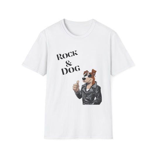 White t-shirt with a graphic of a dog wearing a leather jacket and the text 'Rock & Dog' on a white background.