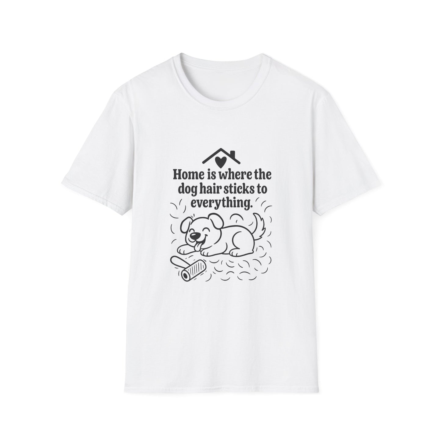 White t-shirt with black text and graphic of a dog on a white background