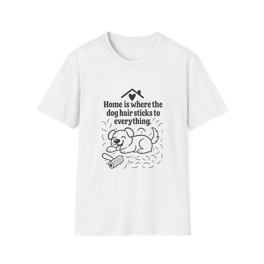 White t-shirt with black text and graphic of a dog on a white background