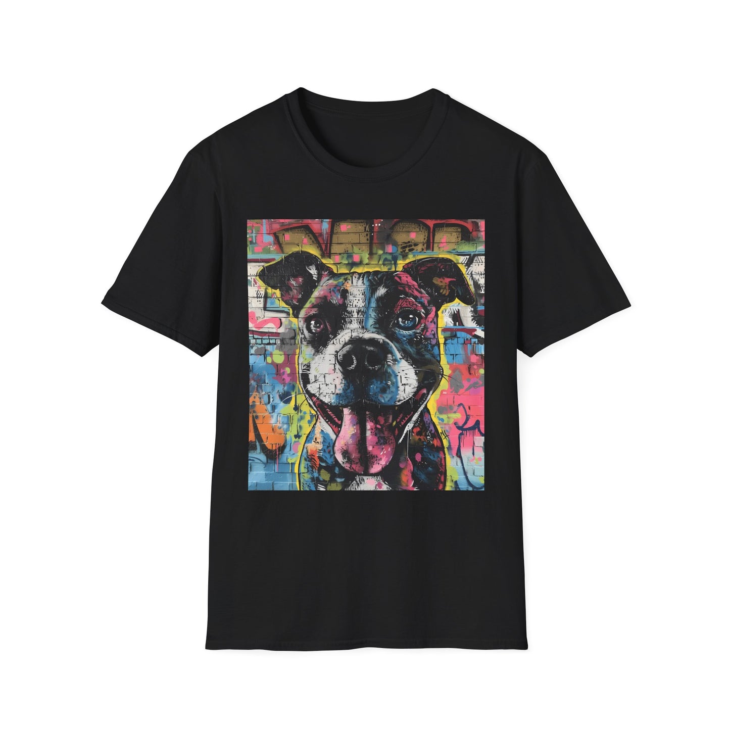 Black t-shirt with a colorful dog graphic on a white background