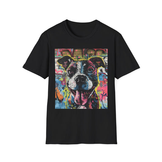 Black t-shirt with a colorful dog graphic on a white background