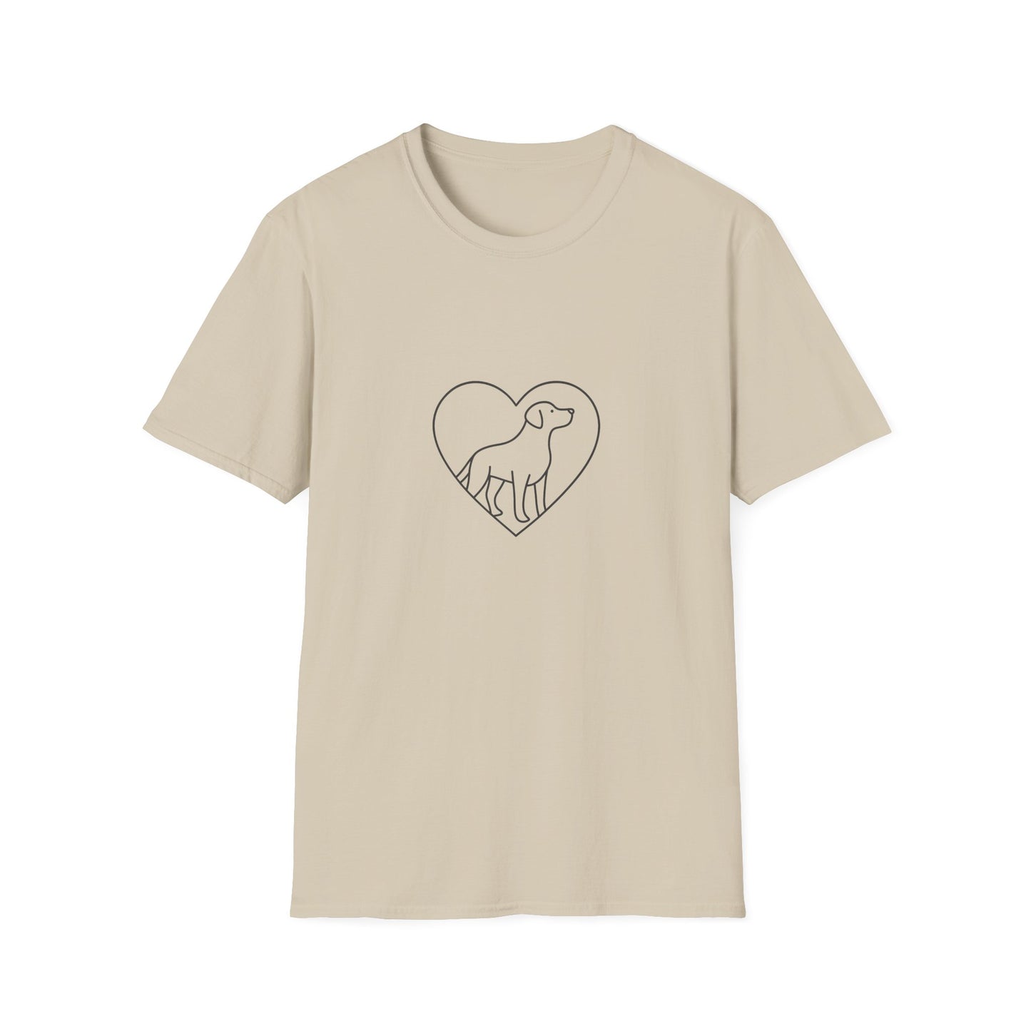 Beige t-shirt with a heart-shaped dog design on a white background
