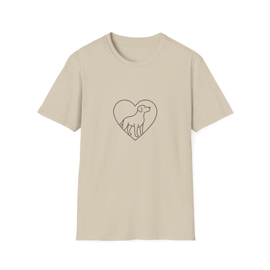 Beige t-shirt with a heart-shaped dog design on a white background