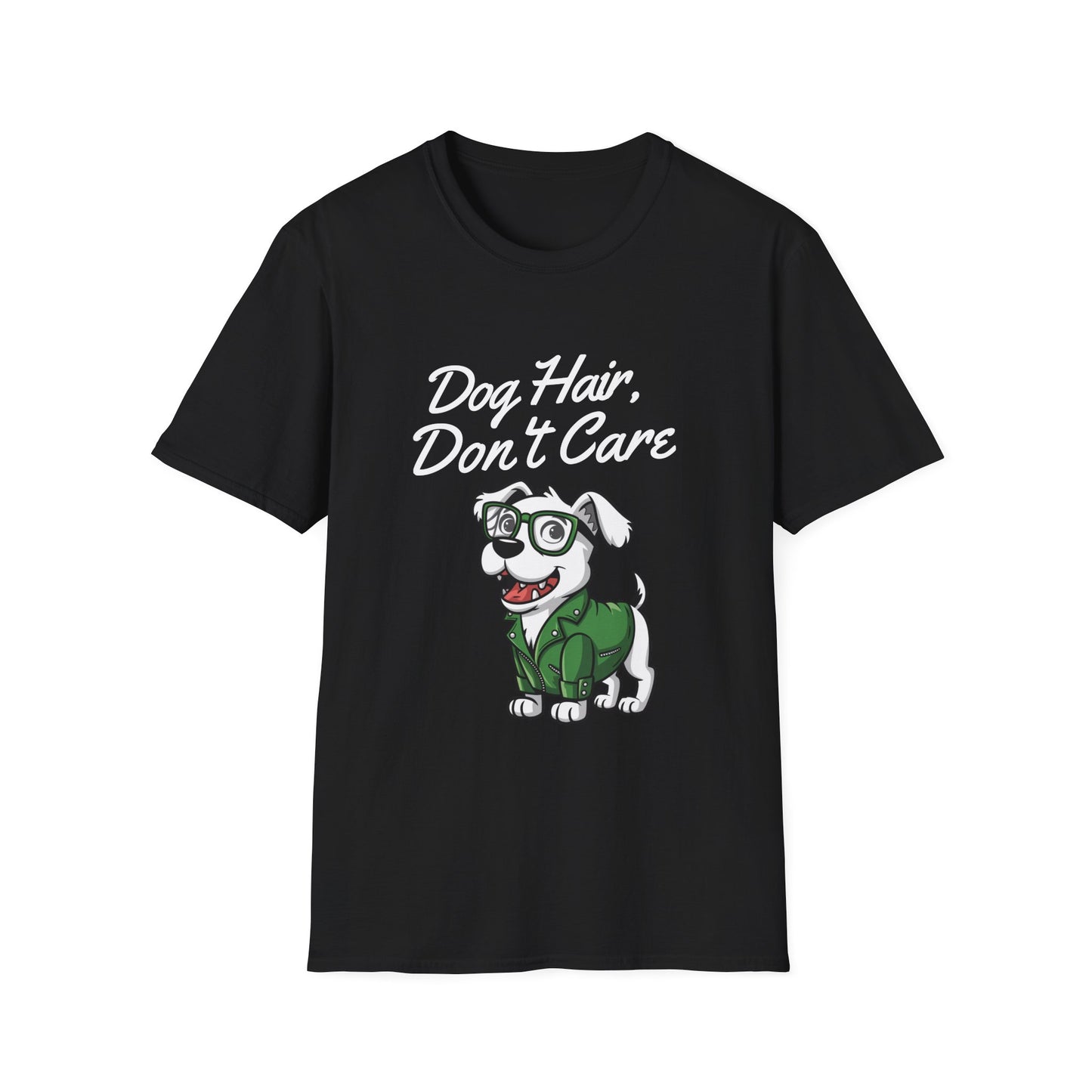 Black t-shirt with a cartoon dog and 'Dog Hair, Don't Care' text on a white background