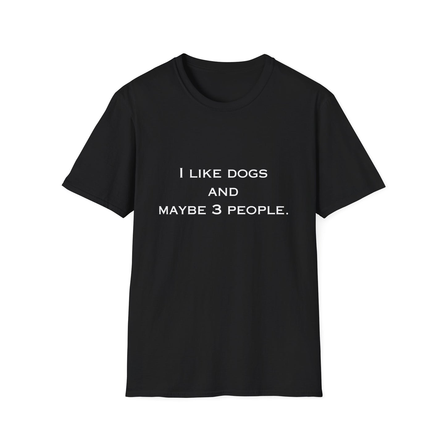 Black t-shirt with white text 'I LIKE DOGS AND MAYBE 3 PEOPLE.' on a white background