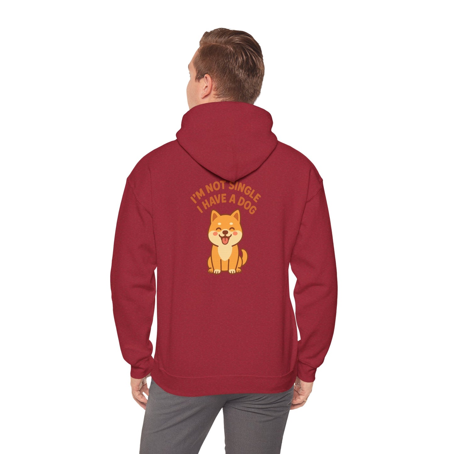 Red hoodie with a dog graphic and text on the back, worn by a person.