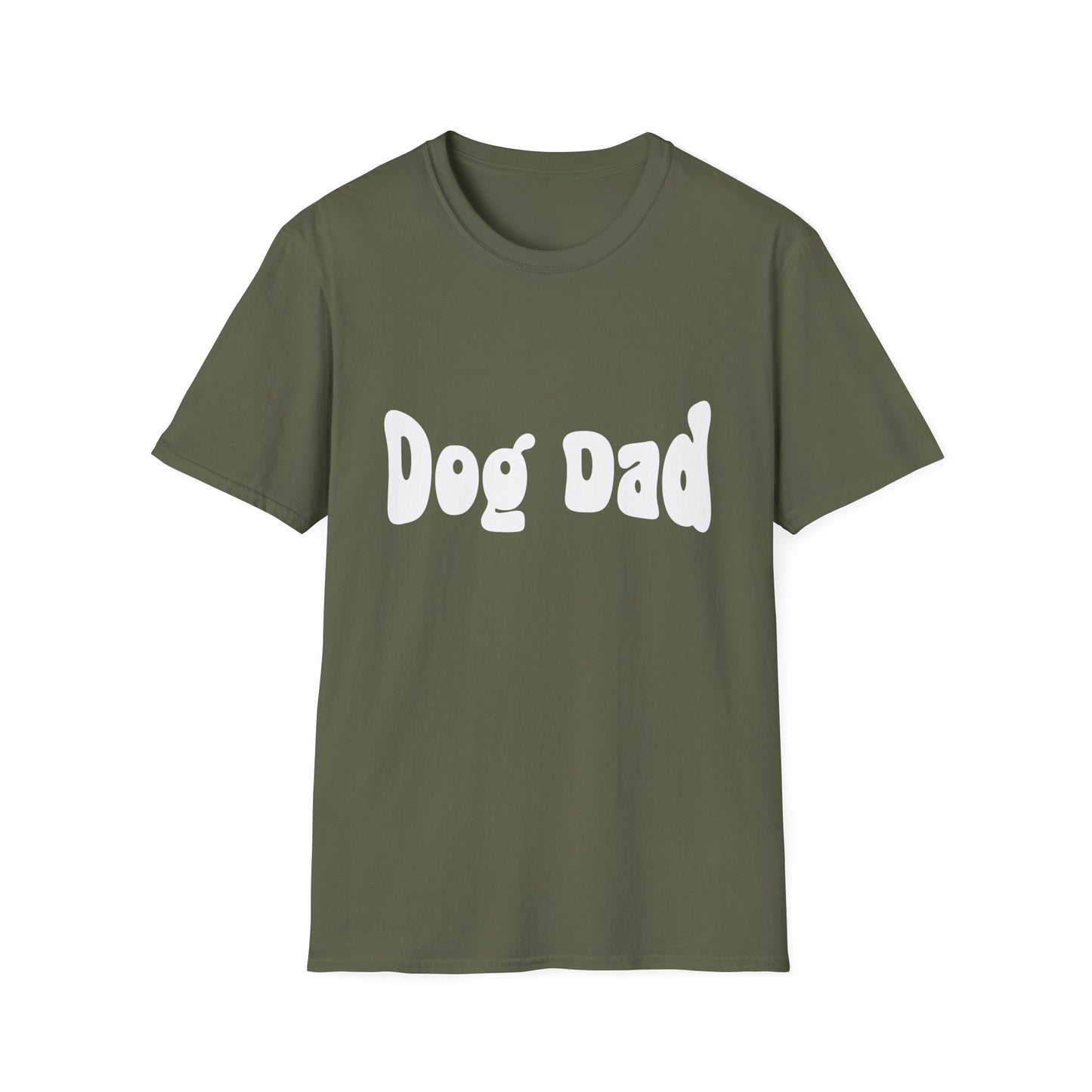 Green t-shirt with 'Dog Dad' text on a white background