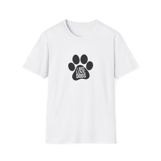 White t-shirt with a black paw print design and text on a white background