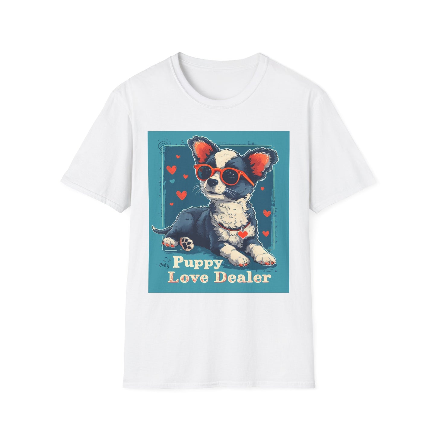 White t-shirt with a dog graphic and 'Puppy Love Dealer' text on a white background