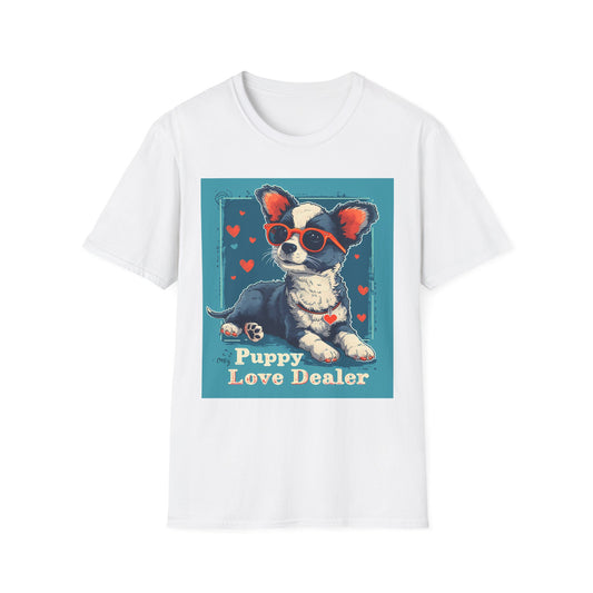 White t-shirt with a dog graphic and 'Puppy Love Dealer' text on a white background
