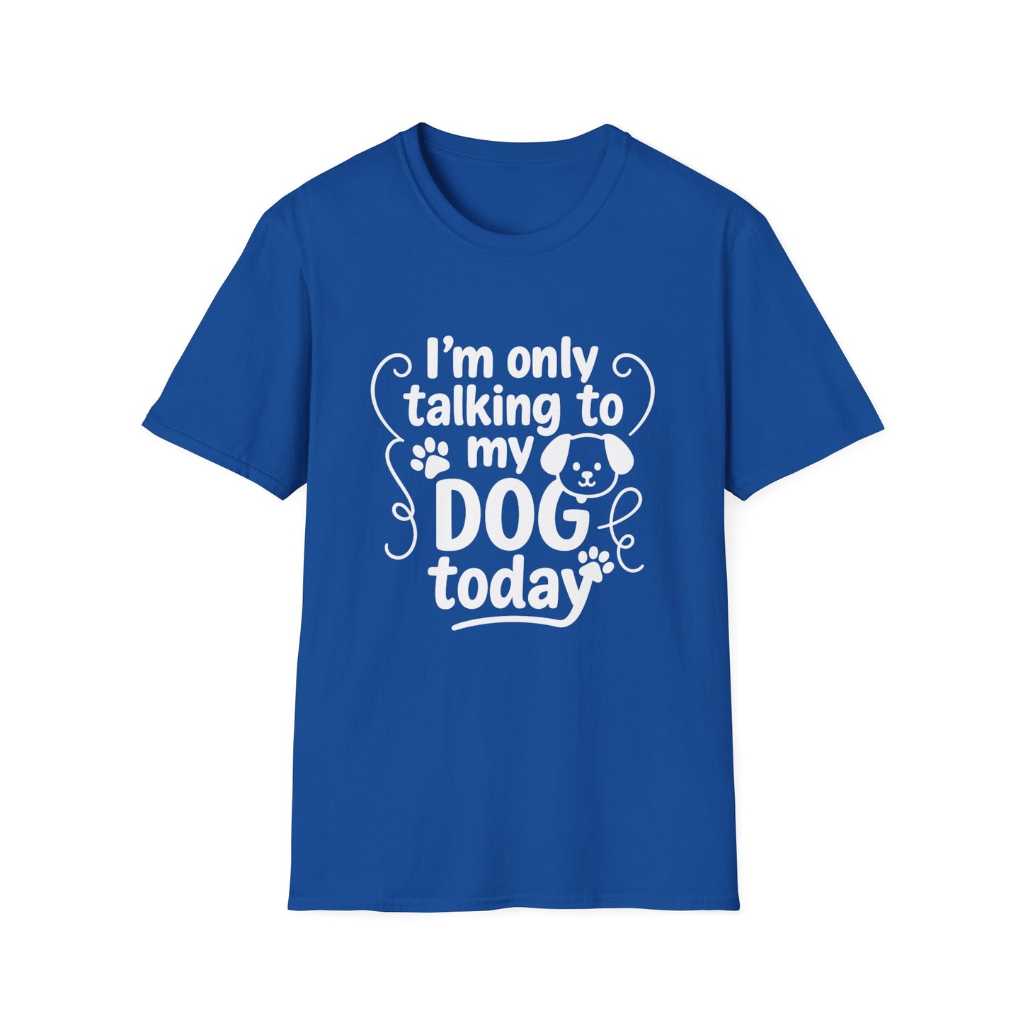 Blue t-shirt with white text and dog graphic on a white background