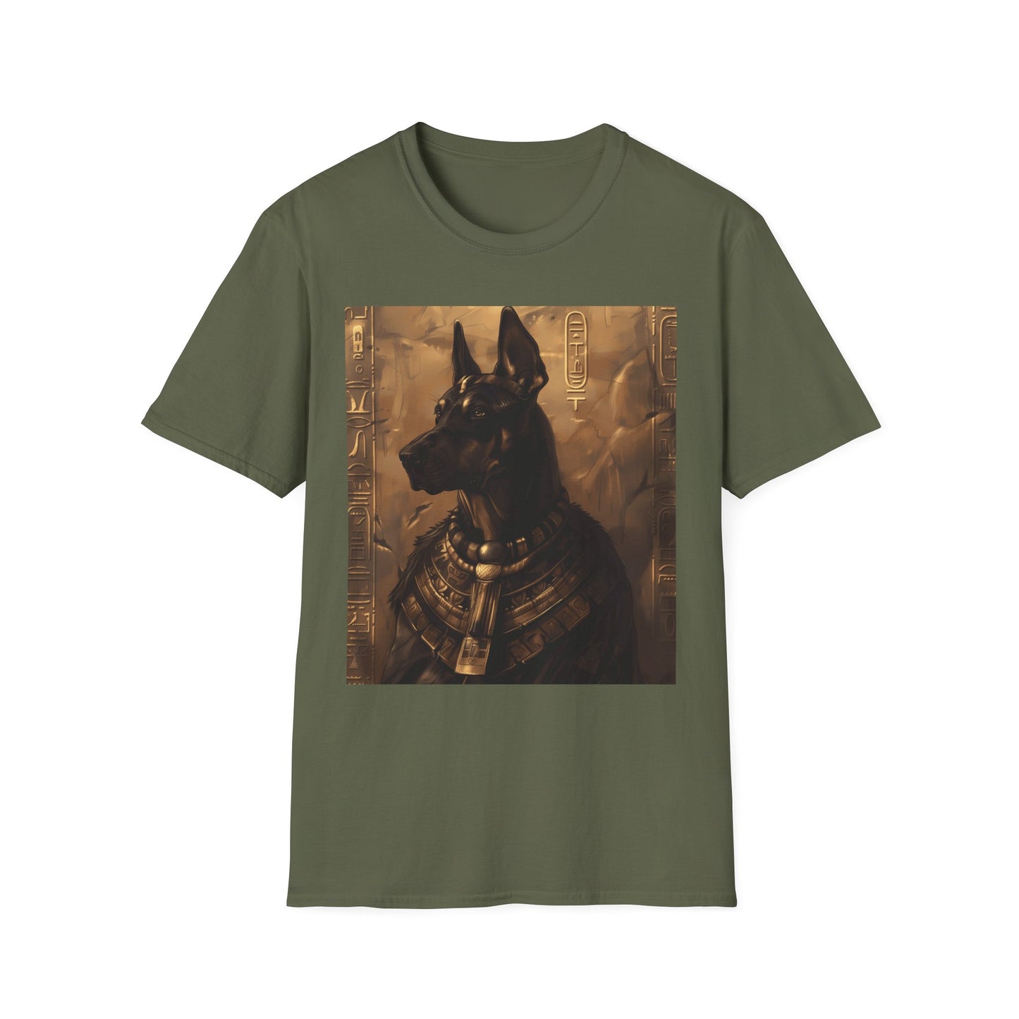 Green t-shirt with an Egyptian-themed graphic of a dog on a white background