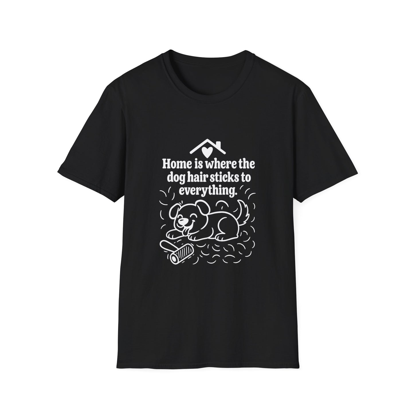 Black t-shirt with white graphic and text on a white background