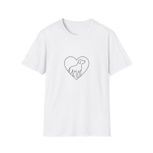 White t-shirt with a black heart-shaped dog design on a white background