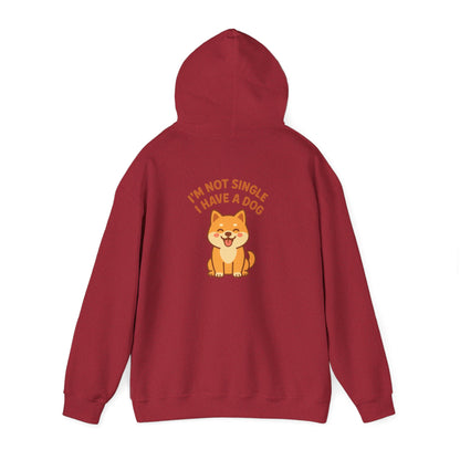 Red hoodie with a dog graphic and text on the back against a white background