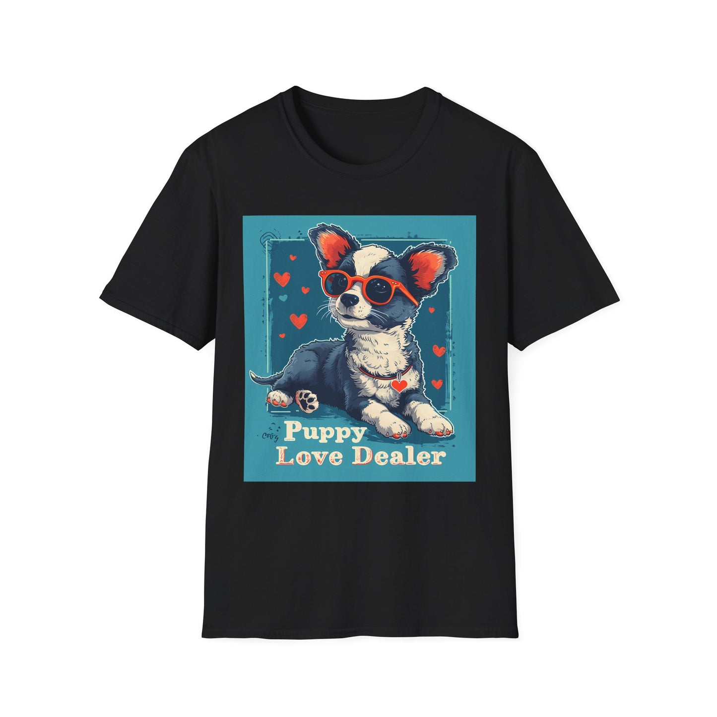 Black t-shirt with a dog graphic and 'Puppy Love Dealer' text on a white background
