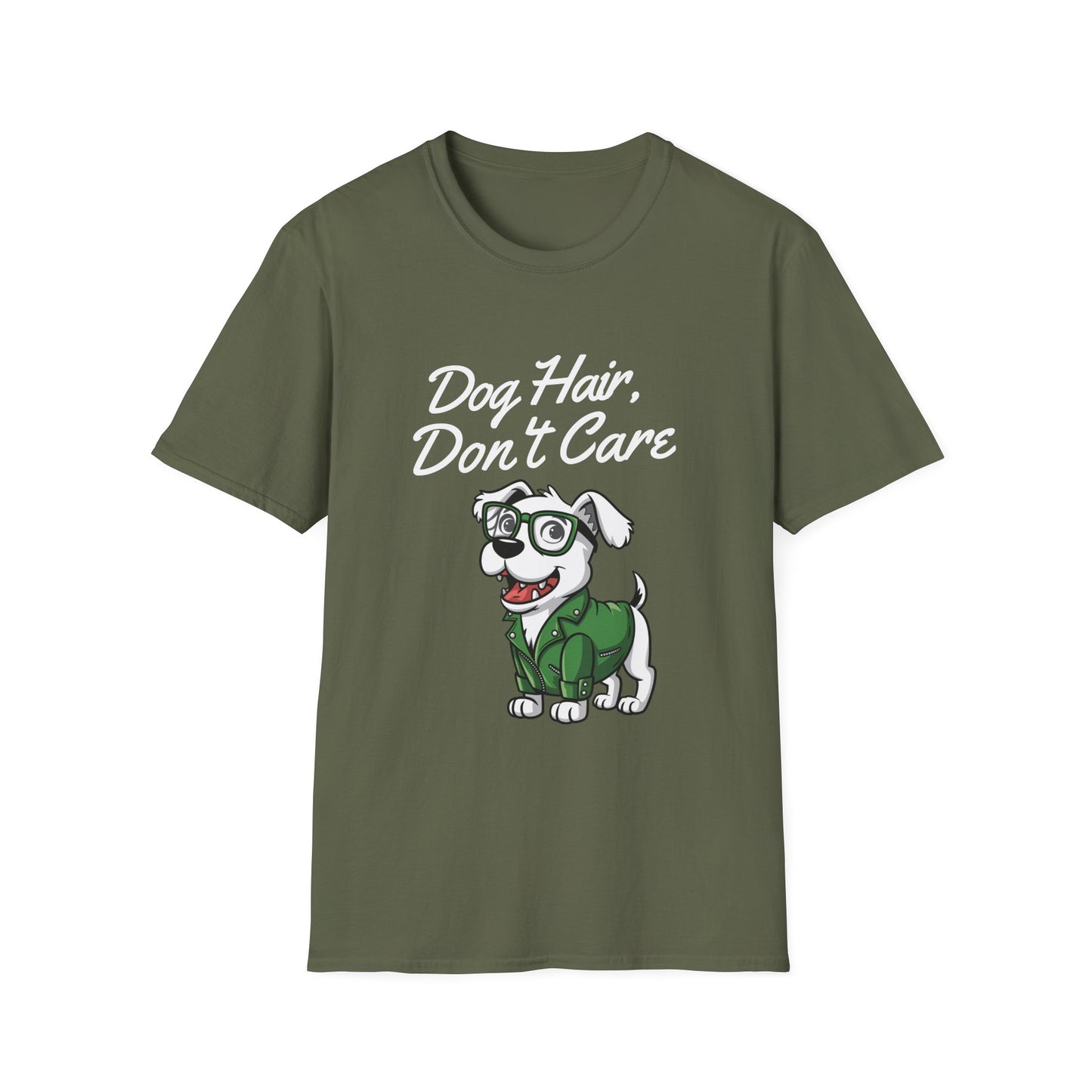 Green t-shirt with a dog graphic and 'Dog Hair, Don't Care' text on a white background