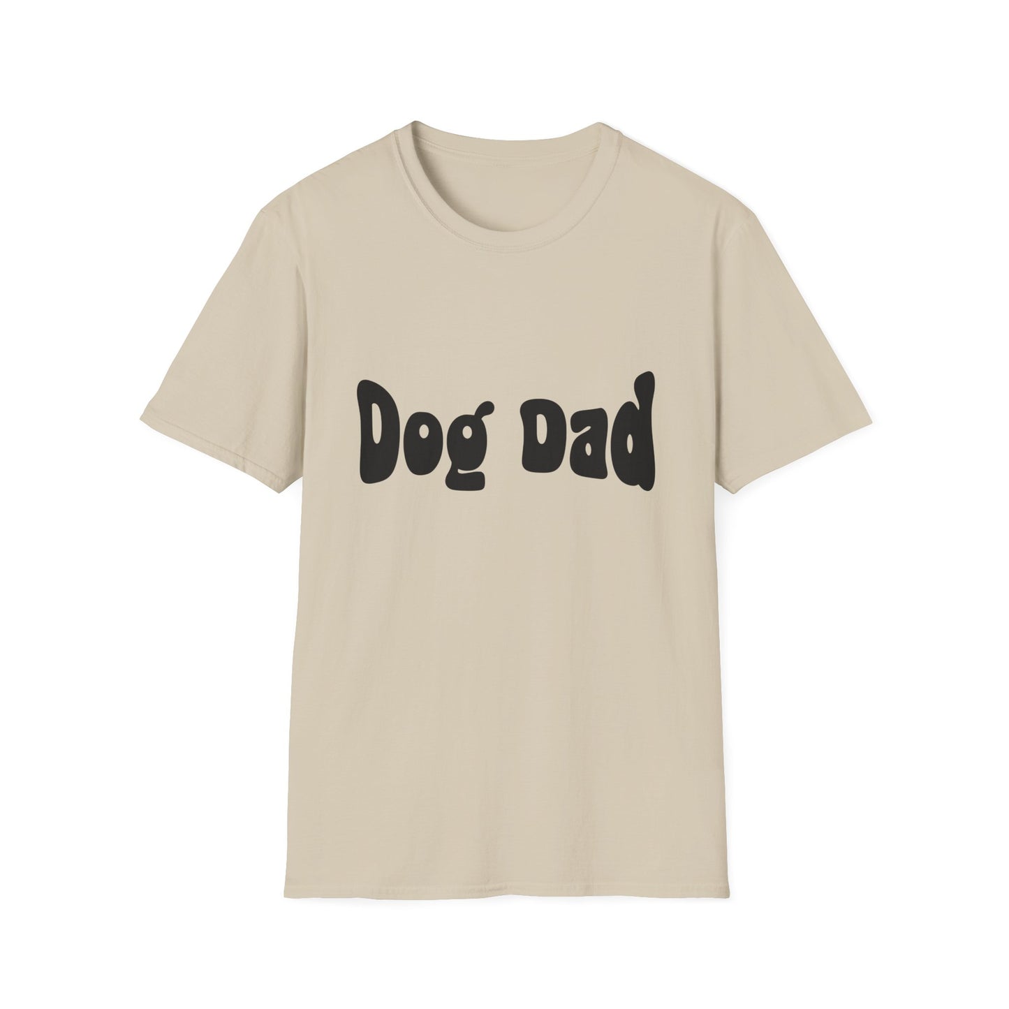 Beige t-shirt with 'Dog Dad' text on a white background