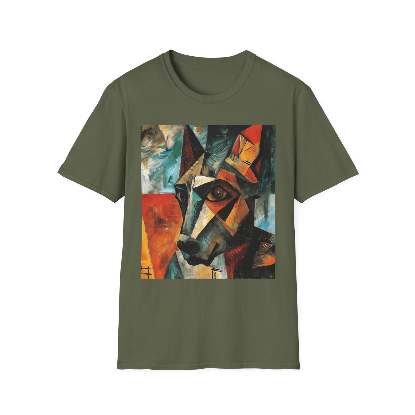 Green t-shirt with a colorful abstract wolf design on a white background