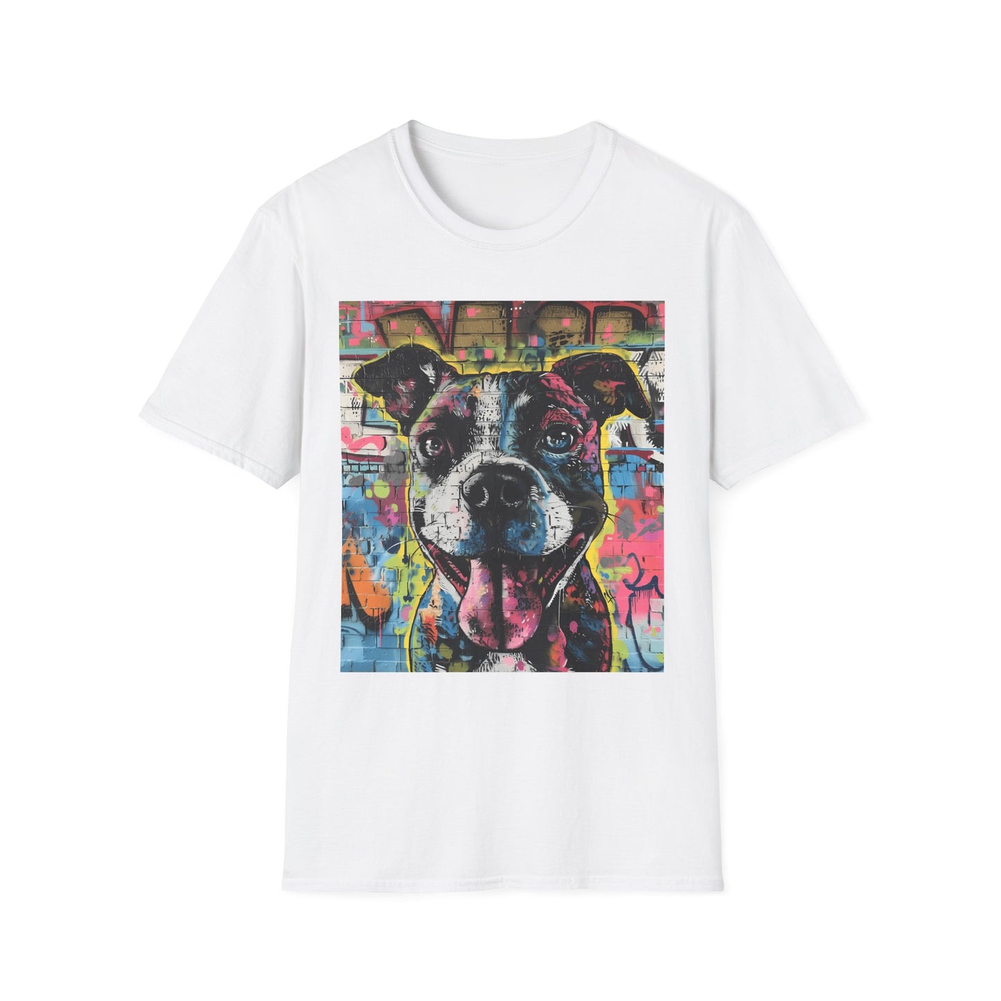 White t-shirt with a colorful dog graphic on a white background