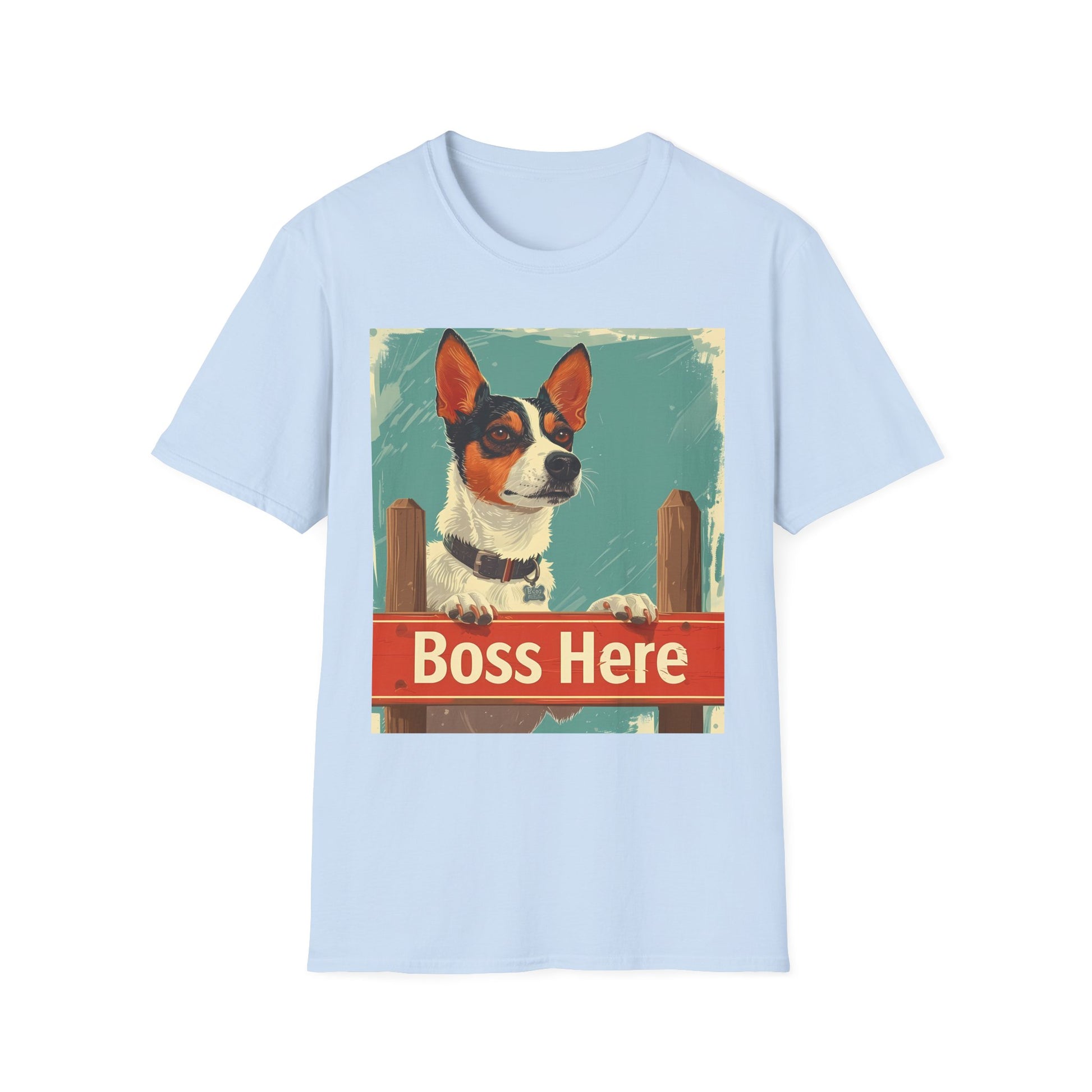 Light blue t-shirt with a dog graphic and 'Boss Here' text on a white background