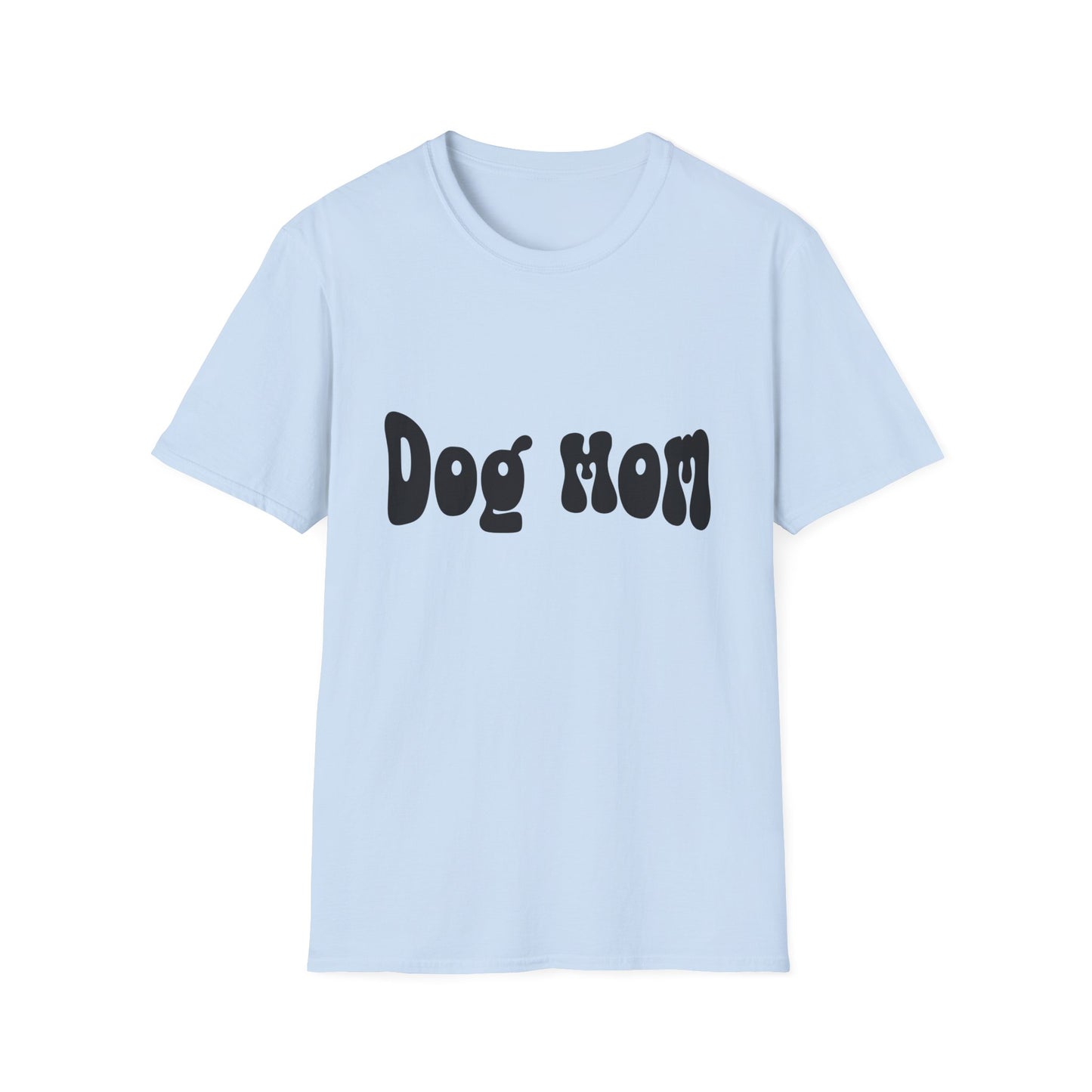Light blue t-shirt with 'Dog Mom' text on a white background