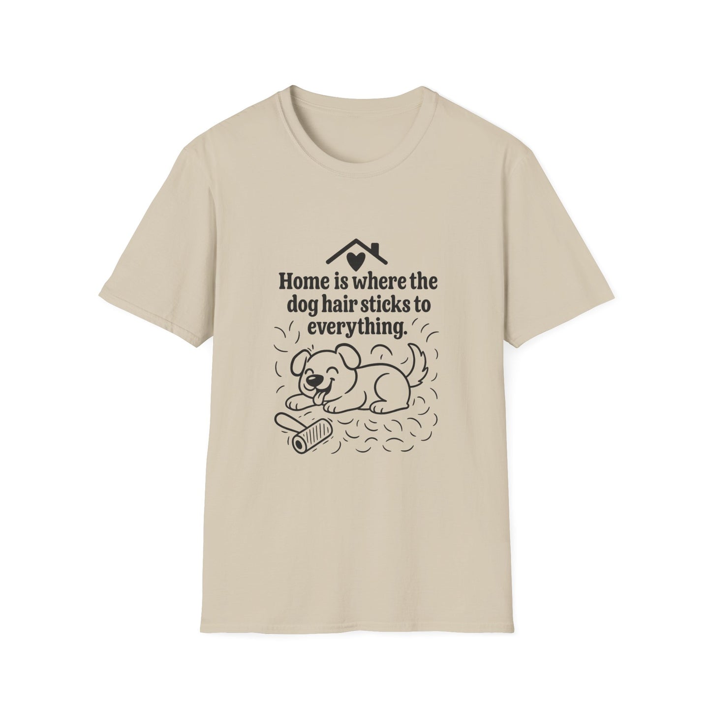 Beige t-shirt with a graphic and text about dog hair on a white background