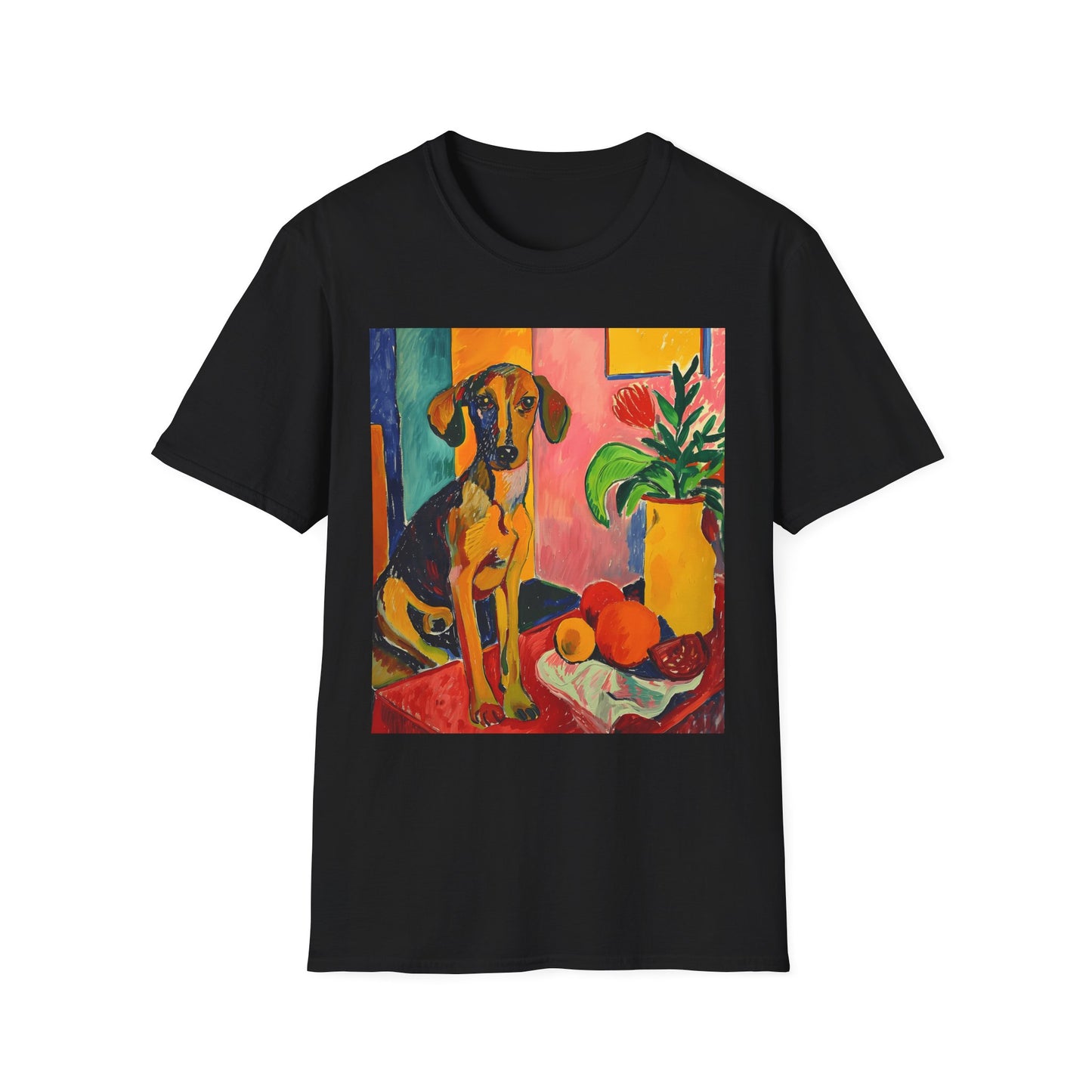 Black t-shirt with a dog painting on a white background