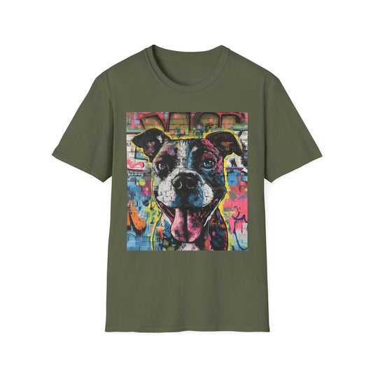 Green t-shirt with a colorful dog graphic on a white background