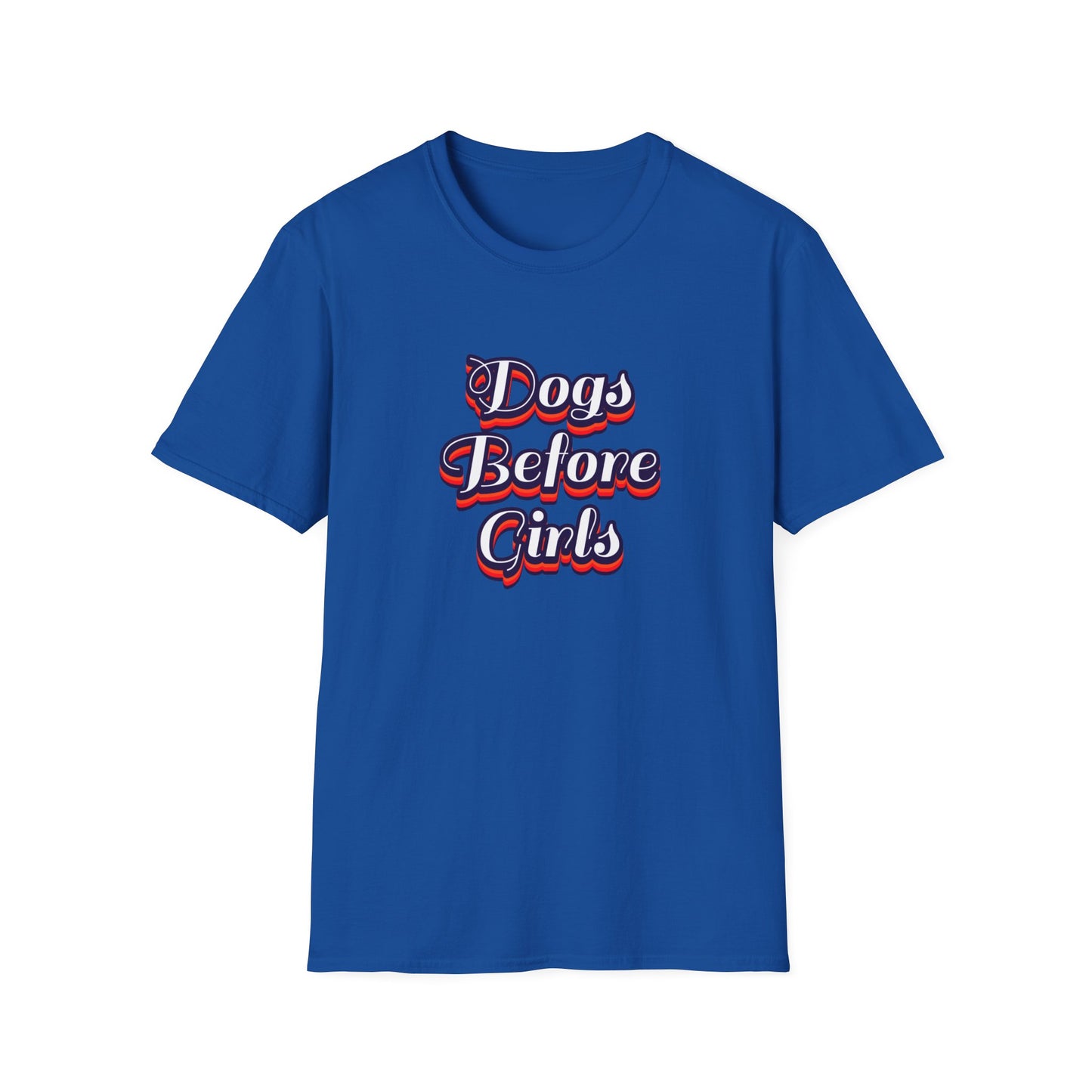 Blue t-shirt with 'Dogs Before Girls' text on a white background