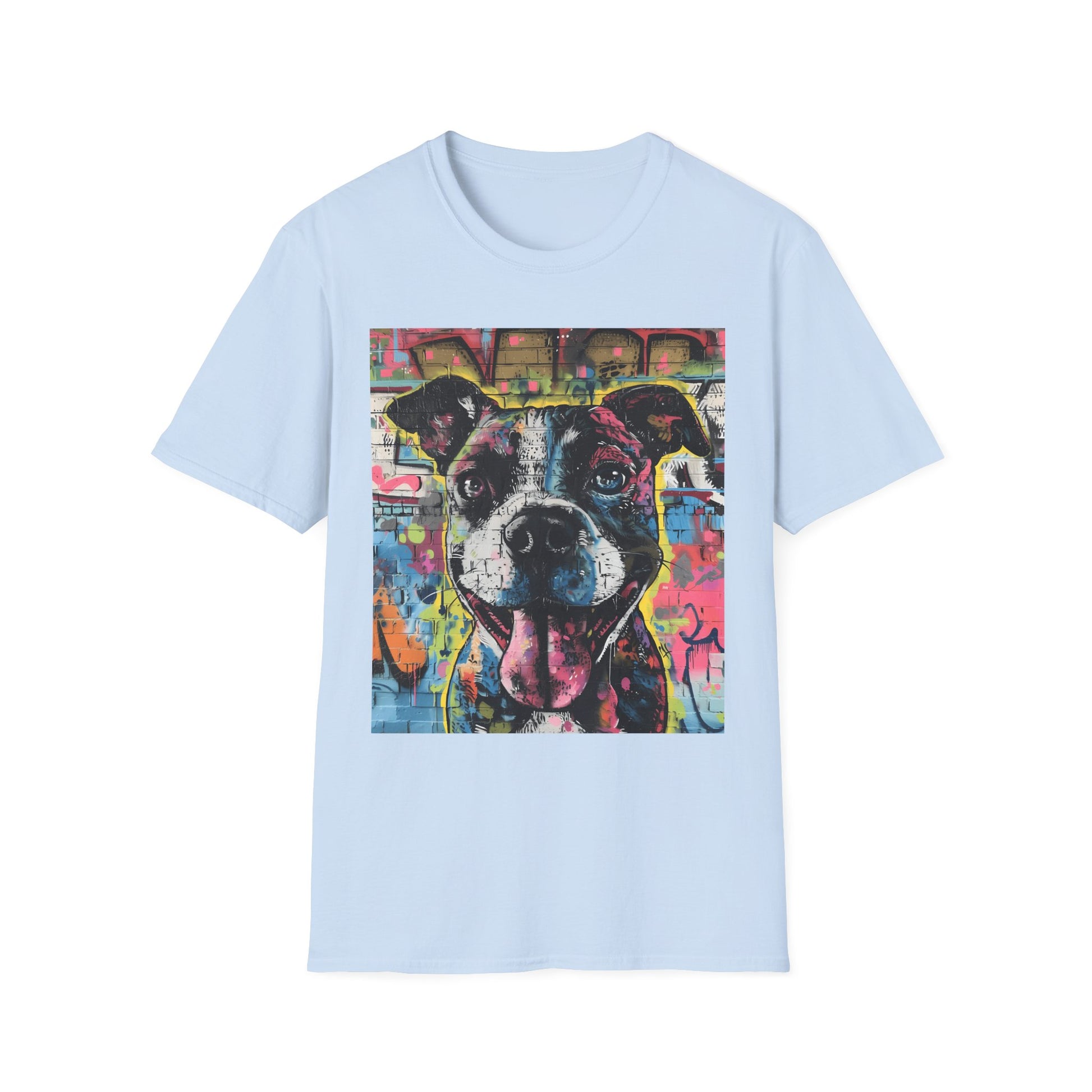 Light blue t-shirt with a colorful dog graphic on a white background