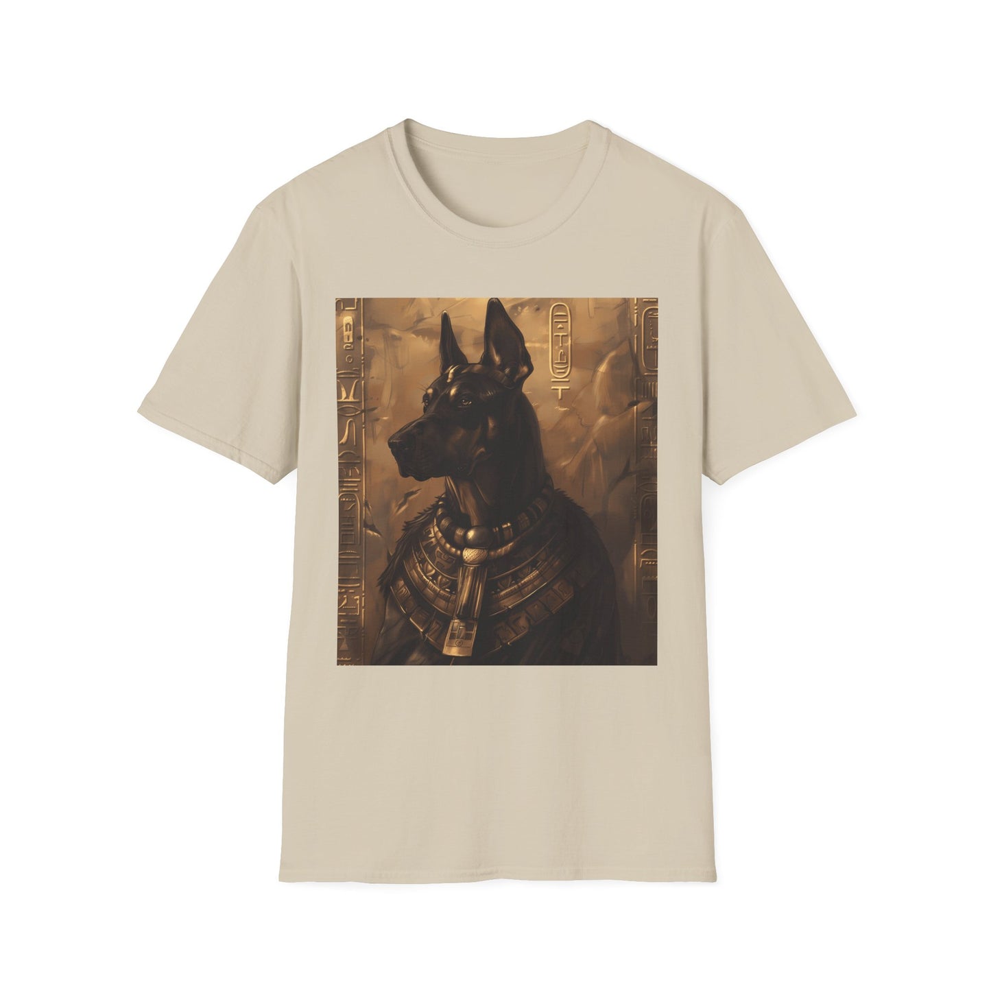Beige t-shirt with an Egyptian-themed graphic of a dog on a white background