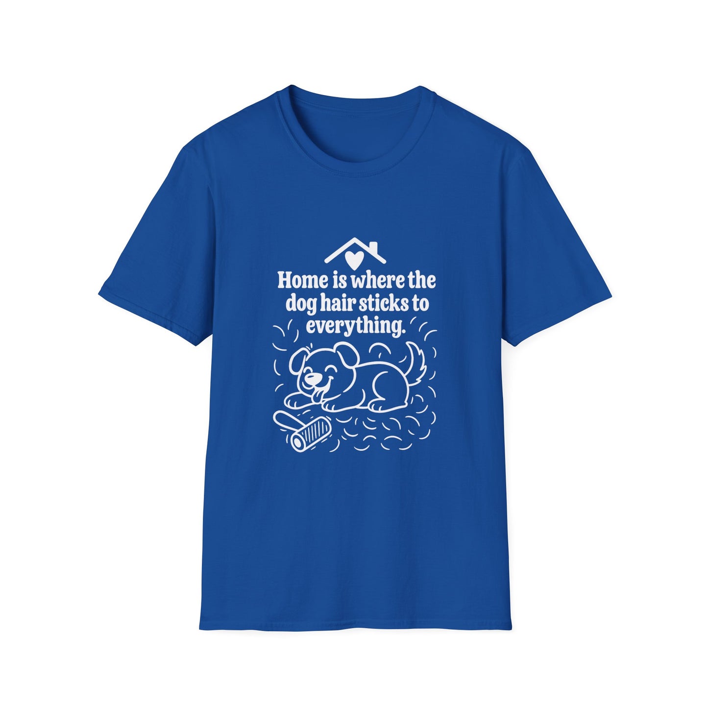 Blue t-shirt with white graphic and text on a white background